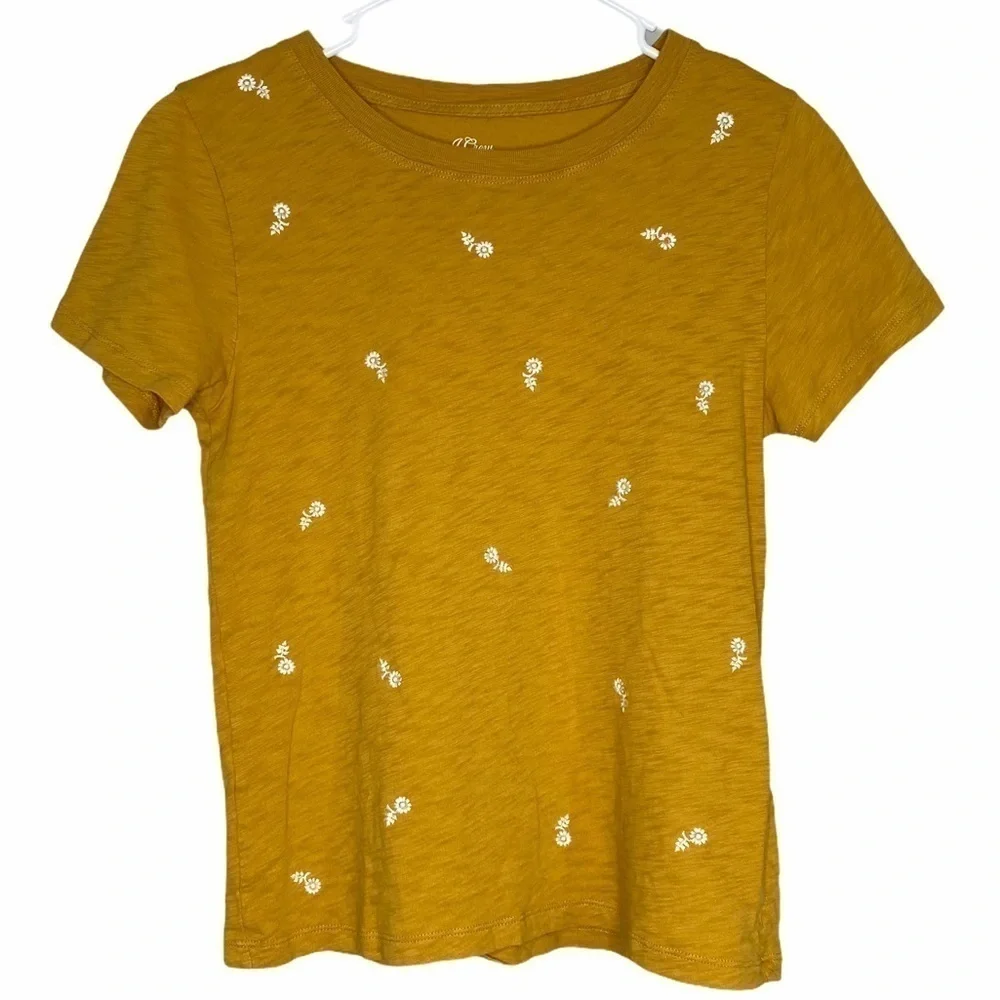 J. CREW Yellow Embroidered Floral Cotton Tee Size Small